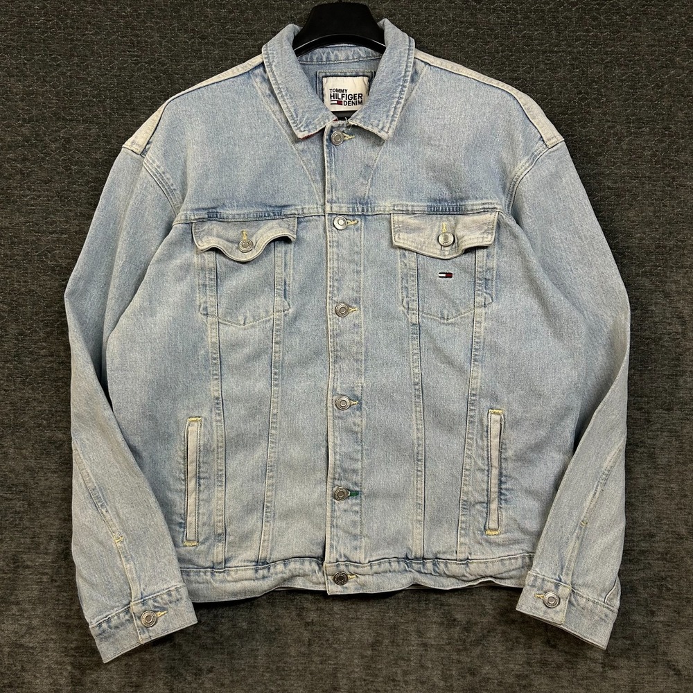 Tommy Hilfiger Trucker Jacket Men's Light Wash Denim Embroidered Back Logo - XL